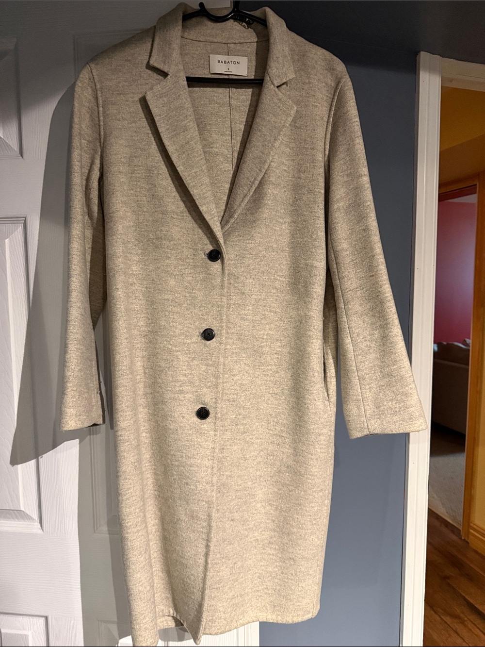 Babaton Neutral Beige-Taupe Long Wool-Blend Pea Coat